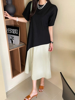 Color Block 2 Tone Singe Button Back Loose Dress