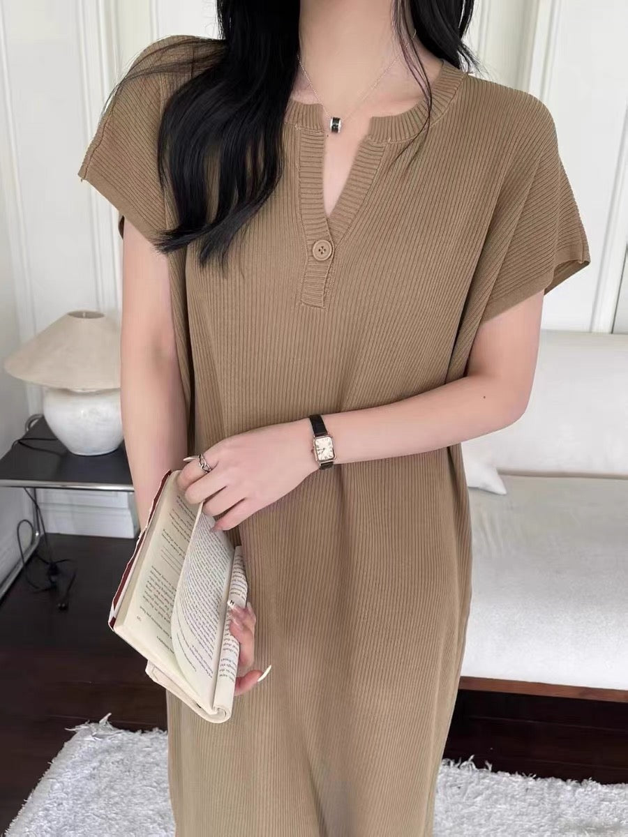 One Button Self Belt Oversize Knitted Dress