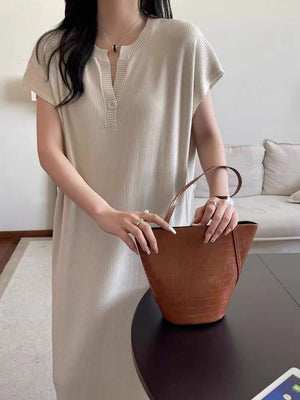 One Button Self Belt Oversize Knitted Dress