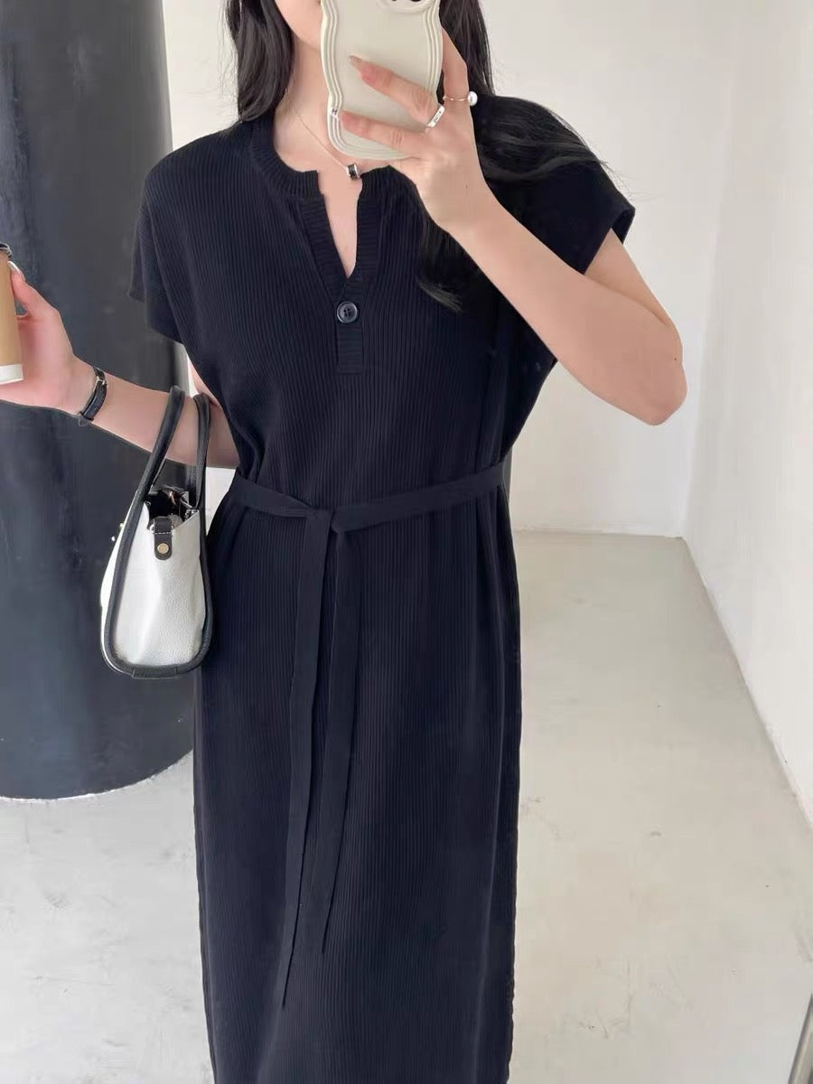 One Button Self Belt Oversize Knitted Dress