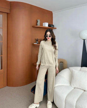 Side Slit Long Sleeve Top & Garter Pants Knitted Terno Set Coords