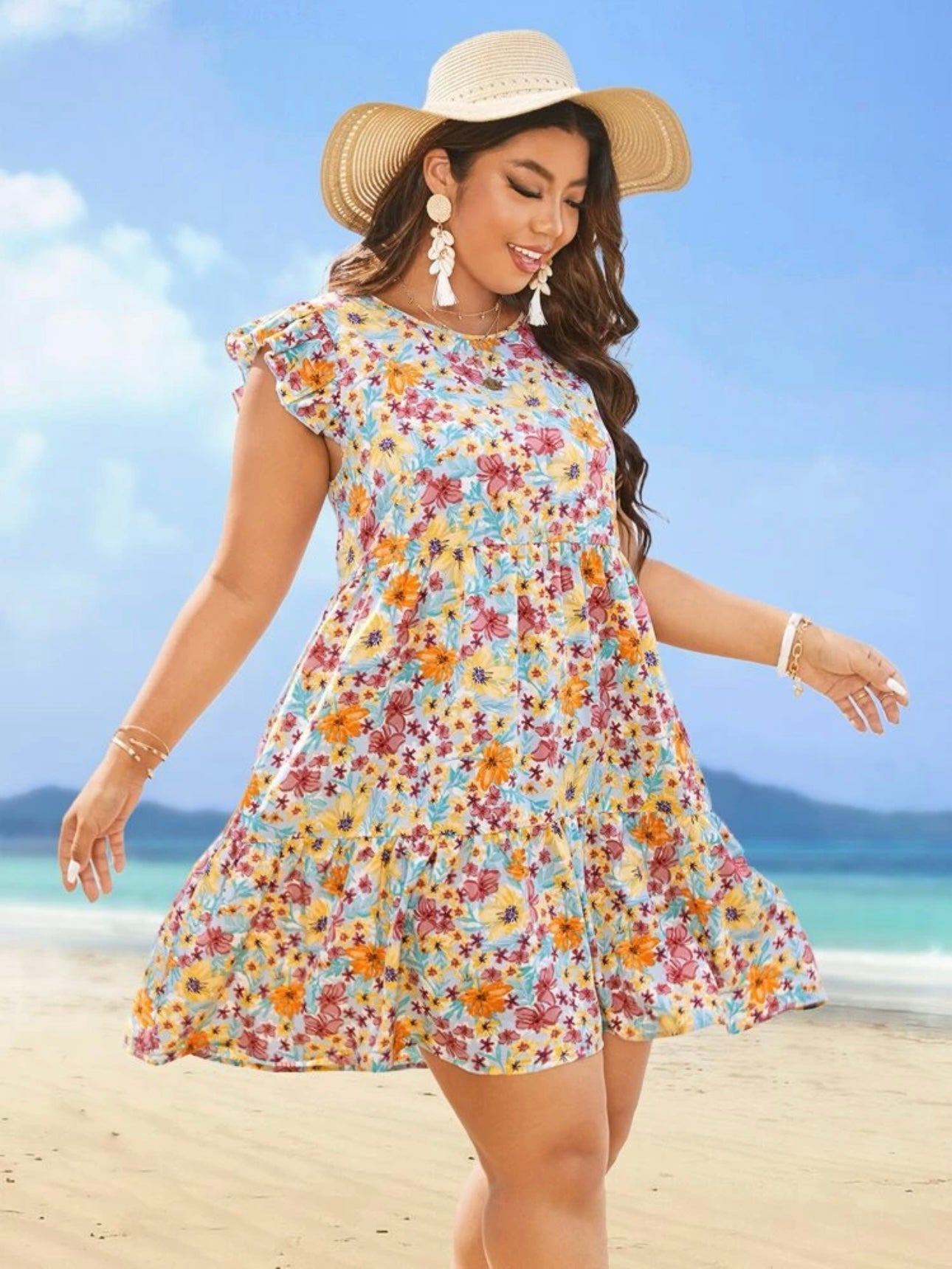 Ruffle Sleeve 2-layer Flounce Hem Ditsy Floral Plus Size Dress
