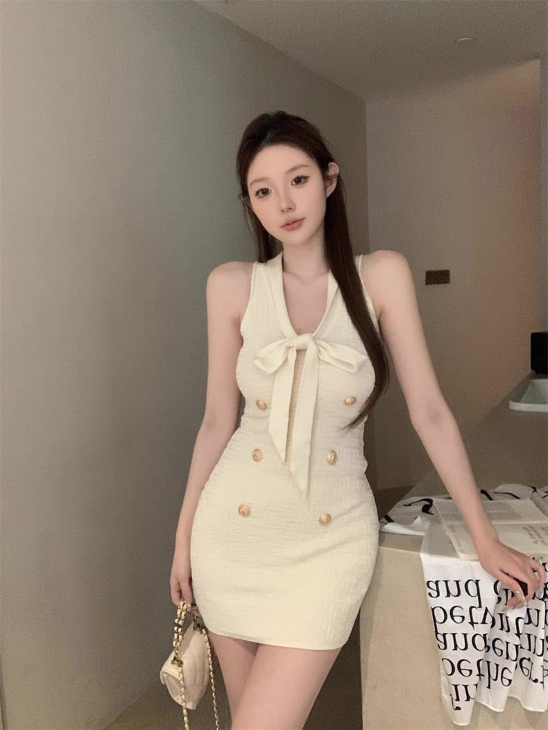 Necktie Metallic Button Embossed Pattern Knitted Dress