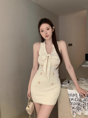 Necktie Metallic Button Embossed Pattern Knitted Dress