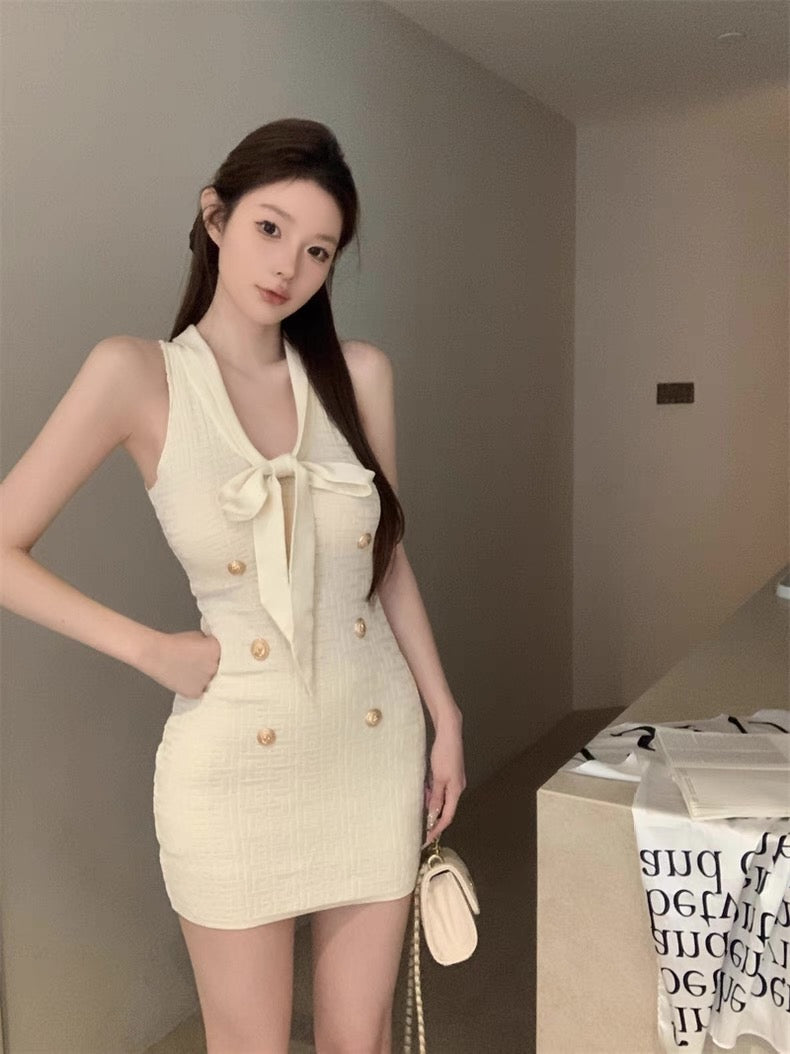 Necktie Metallic Button Embossed Pattern Knitted Dress
