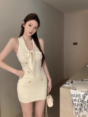 Necktie Metallic Button Embossed Pattern Knitted Dress