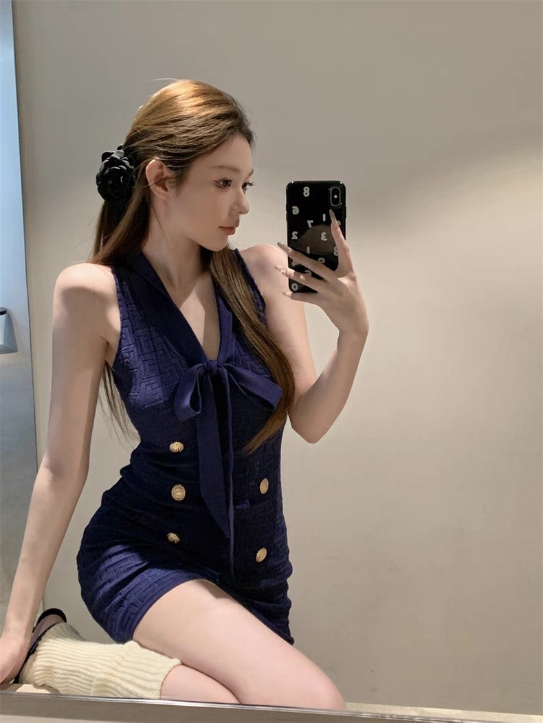 Necktie Metallic Button Embossed Pattern Knitted Dress