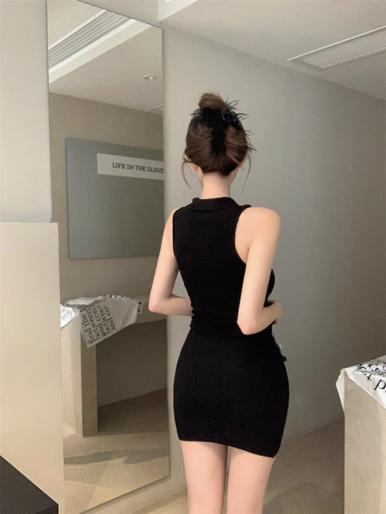 Necktie Metallic Button Embossed Pattern Knitted Dress