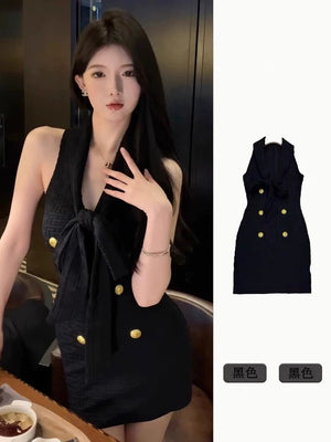Necktie Metallic Button Embossed Pattern Knitted Dress