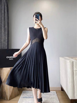 Mesh Lace Waist Back Zipper Pleated Dress