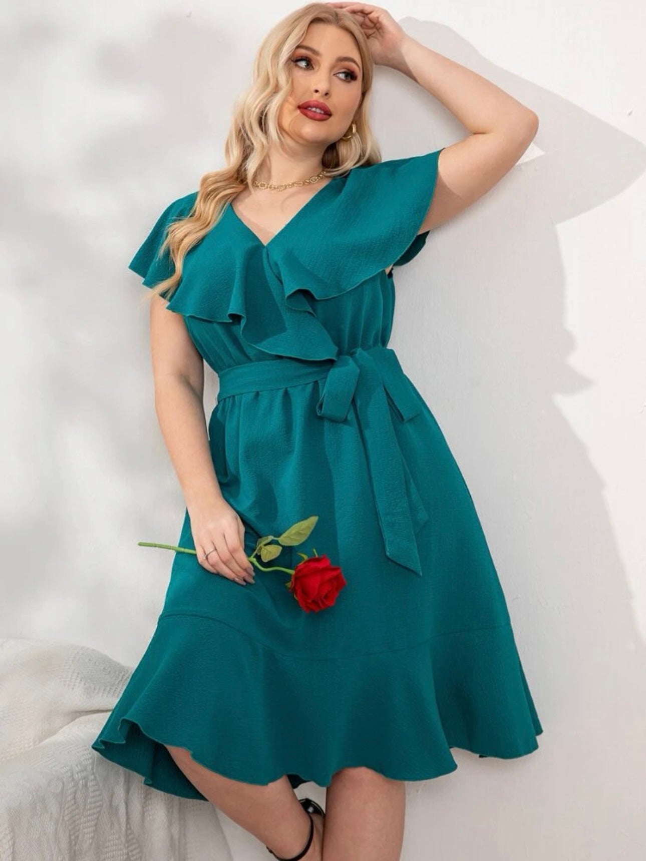 Cape Shoulder Ruffle Hem Self Belt Plus Size Dress