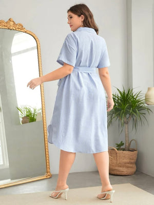 Button-up Self Tie Bowknot Stripe Plus Size Polo Shirt Dress