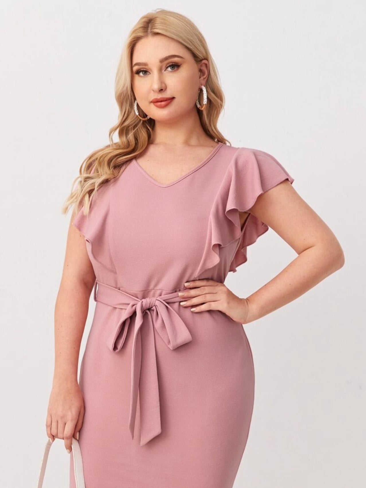 Ruffle Sleeve Self Belt Solid Plus Size Dress