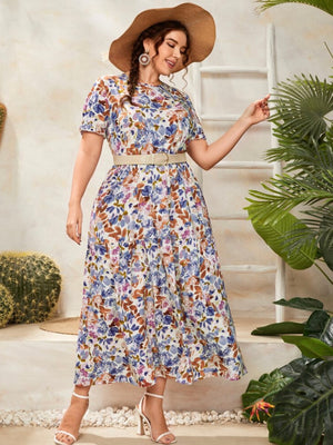 Splash Floral Elastic Sleeve Garter Waist Single Button Back Plus Size Dress