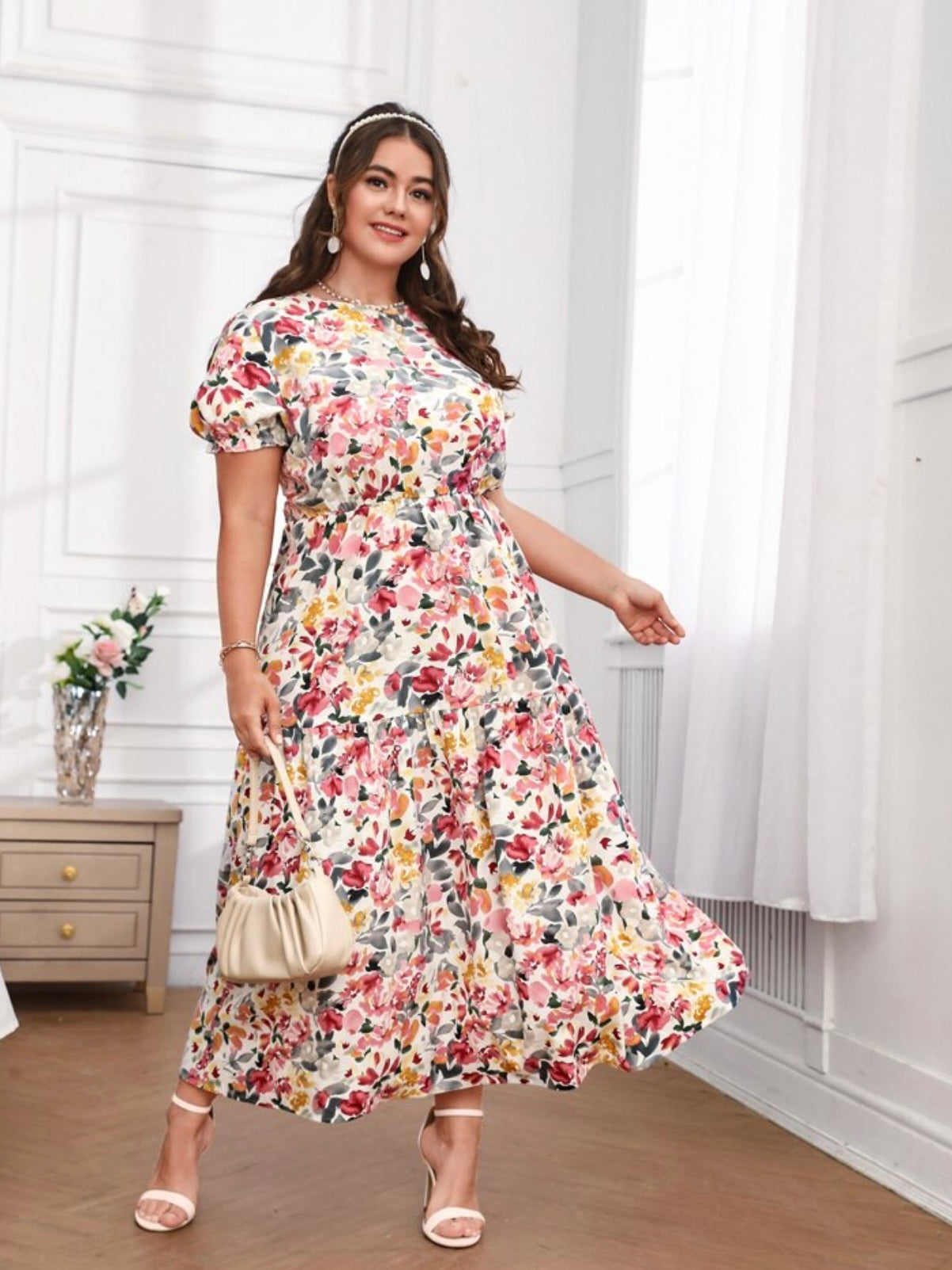 Splash Floral Elastic Sleeve Garter Waist Single Button Back Plus Size Dress