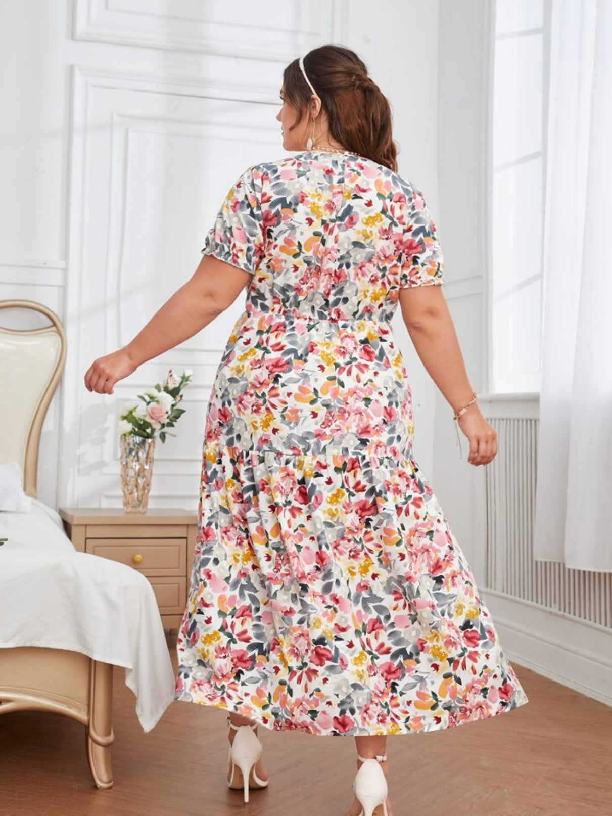 Splash Floral Elastic Sleeve Garter Waist Single Button Back Plus Size Dress