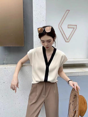 Button Down 2 Tone Oversize Knitted Top