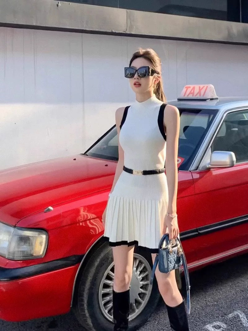 2 Tone Sleeveless Top & Garter Pleated Skirt Knitted Terno Set Coords