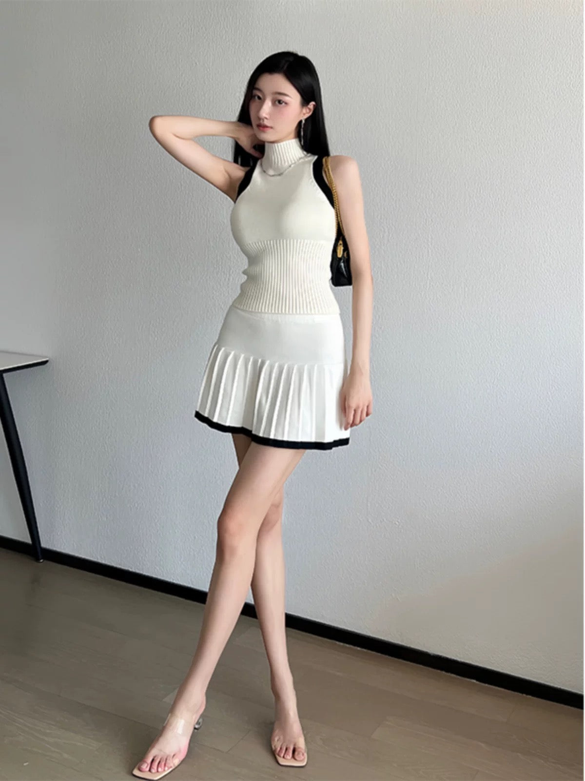 2 Tone Sleeveless Top & Garter Pleated Skirt Knitted Terno Set Coords