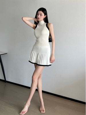 2 Tone Sleeveless Top & Garter Pleated Skirt Knitted Terno Set Coords