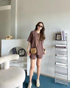 Button Down Collar Neck Top & Side Pocket Shorts Knitted Terno Set Coords