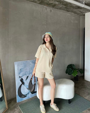 Button Down Collar Neck Top & Side Pocket Shorts Knitted Terno Set Coords