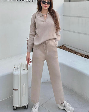 Collar Neck Long Sleeve Top & Side Pocket Garter Drawstring Pants Knitted Terno Set Coords