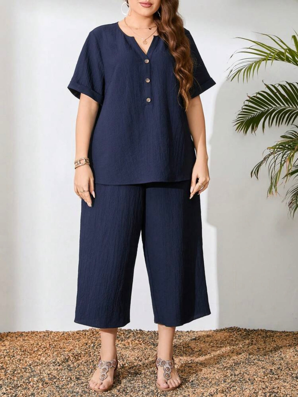 Button Down Fold-up Sleeve Top & Side Pocket Wide Leg Garter Pants Plus Size Terno Set Coords