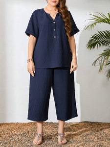 Button Down Fold-up Sleeve Top & Side Pocket Wide Leg Garter Pants Plus Size Terno Set Coords