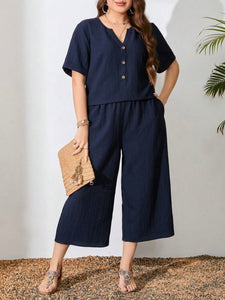 Button Down Fold-up Sleeve Top & Side Pocket Wide Leg Garter Pants Plus Size Terno Set Coords