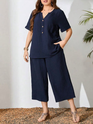 Button Down Fold-up Sleeve Top & Side Pocket Wide Leg Garter Pants Plus Size Terno Set Coords