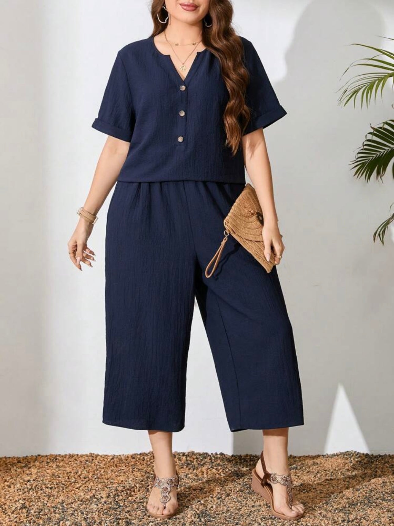 Button Down Fold-up Sleeve Top & Side Pocket Wide Leg Garter Pants Plus Size Terno Set Coords