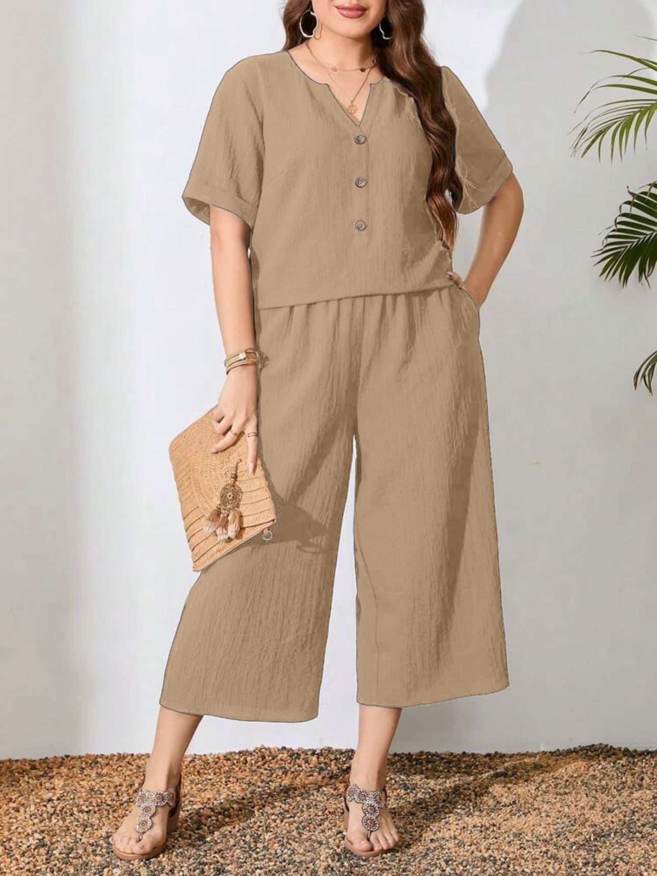 Button Down Fold-up Sleeve Top & Side Pocket Wide Leg Garter Pants Plus Size Terno Set Coords