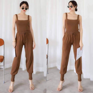 Square Neck Cami Top & Side Pocket Drawstring Garter Jogger Pants Knitted Terno Set Coords