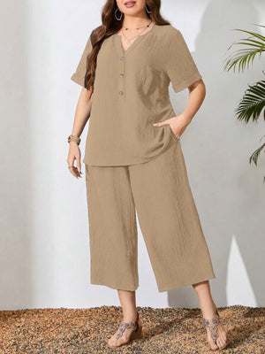 Button Down Fold-up Sleeve Top & Side Pocket Wide Leg Garter Pants Plus Size Terno Set Coords