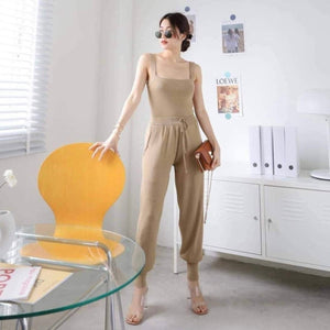 Square Neck Cami Top & Side Pocket Drawstring Garter Jogger Pants Knitted Terno Set Coords