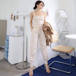 Square Neck Cami Top & Side Pocket Drawstring Garter Jogger Pants Knitted Terno Set Coords