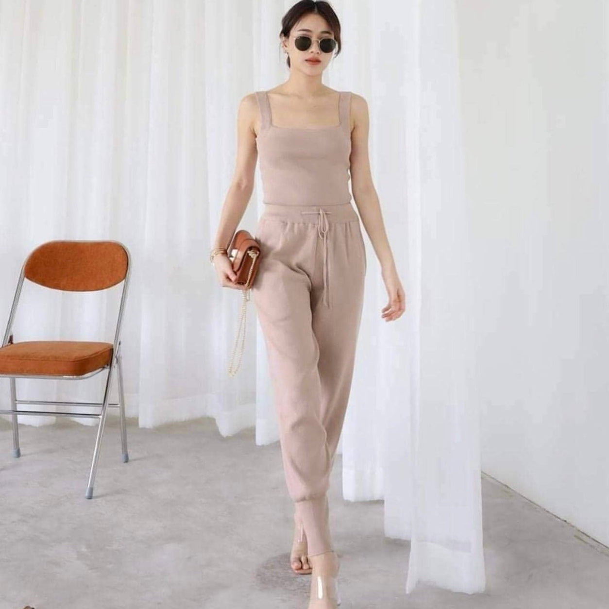 Square Neck Cami Top & Side Pocket Drawstring Garter Jogger Pants Knitted Terno Set Coords