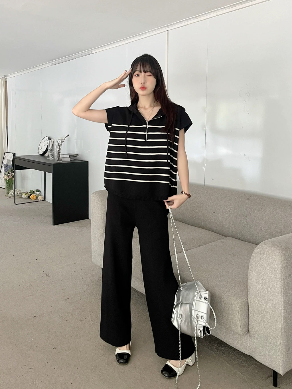 High Low Hem Hoodie Stripe Loose Top & Wide Leg Garter Pants Oversize Knitted Terno Set Coords