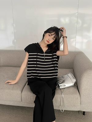 High Low Hem Hoodie Stripe Loose Top & Wide Leg Garter Pants Oversize Knitted Terno Set Coords