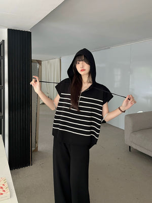 High Low Hem Hoodie Stripe Loose Top & Wide Leg Garter Pants Oversize Knitted Terno Set Coords