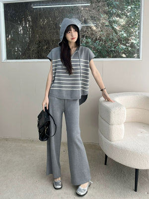 High Low Hem Hoodie Stripe Loose Top & Wide Leg Garter Pants Oversize Knitted Terno Set Coords