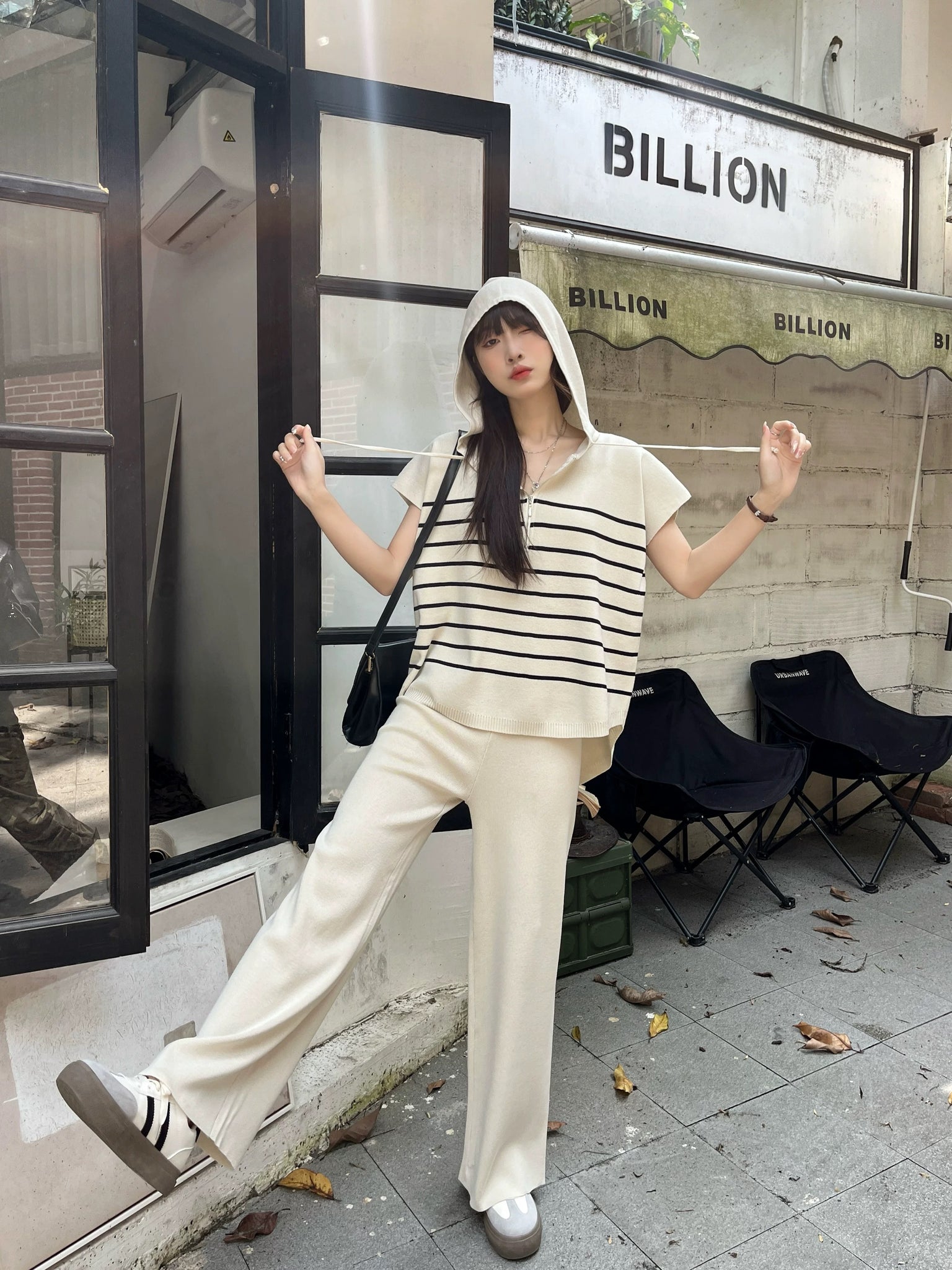 High Low Hem Hoodie Stripe Loose Top & Wide Leg Garter Pants Oversize Knitted Terno Set Coords