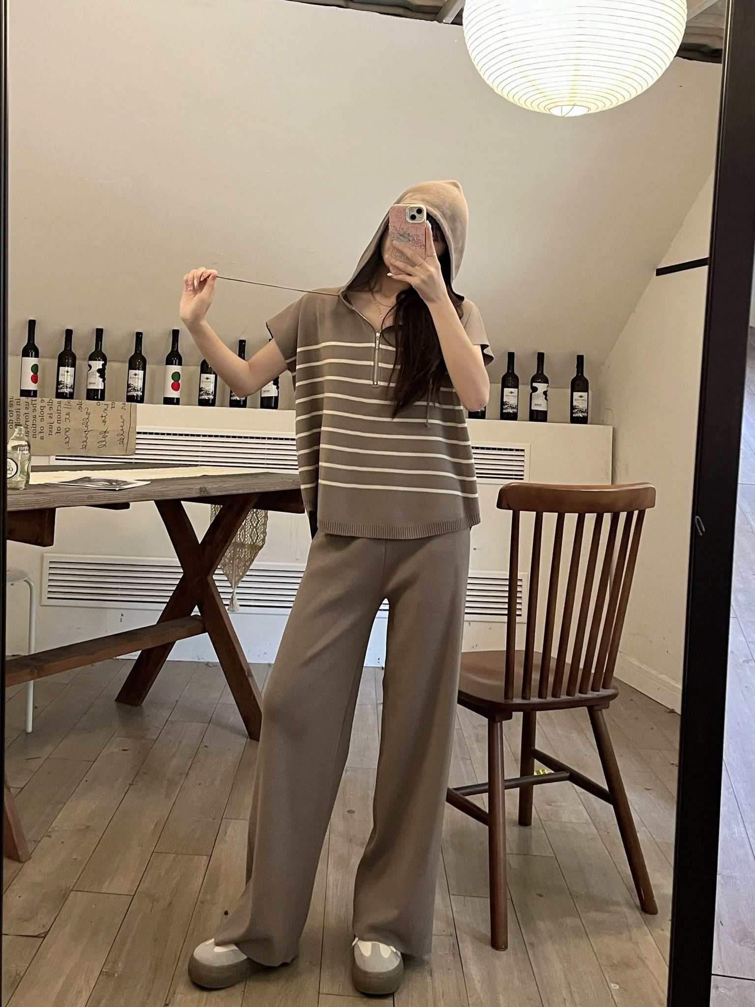 High Low Hem Hoodie Stripe Loose Top & Wide Leg Garter Pants Oversize Knitted Terno Set Coords