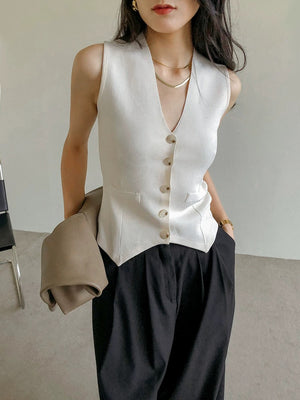 Fake Pocket Button Down V-neck Loose Knitted Vest Top