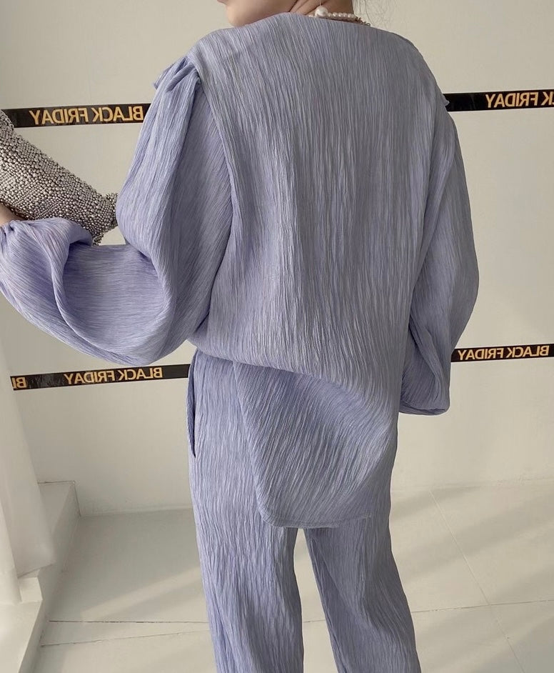 Ruffle Neck Elastic Long Sleeve Top & 2 Side Pocket Garter Pants 2 in 1 Coords Terno