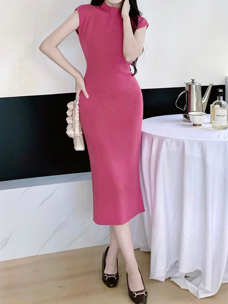 Turtle Neck Solid Elegant Knitted Dress