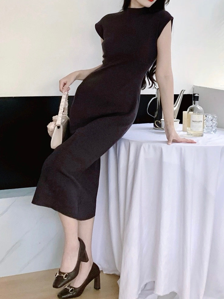 Turtle Neck Solid Elegant Knitted Dress