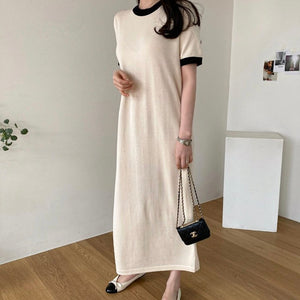 Back Slit Two Tone Solid Oversize Knitted Dress