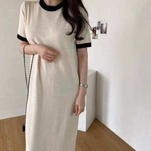 Back Slit Two Tone Solid Oversize Knitted Dress